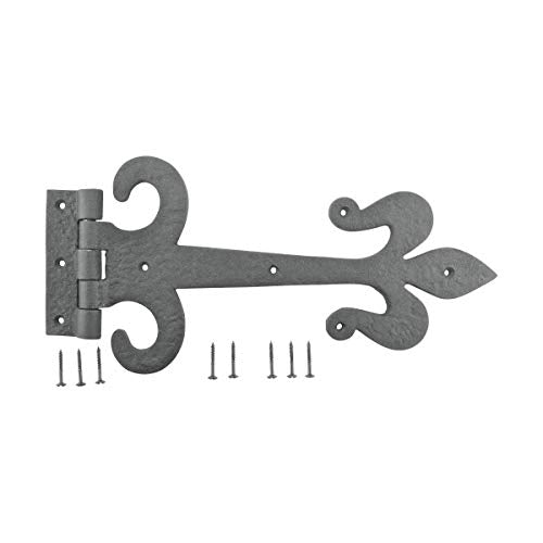 Renovators Supply Manufacturing Gate Hinges 12 in. Black Wrought Iron Fleur De Lis Style Strap Hinges for Gates and Doors with Mounting Hardware - size: Pack of 1