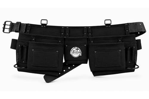 Graintex 11 Pocket Professional Tool Belt/Tool Bag, Ripstop Canvas Double Layered, Leather Trims, 2” Leather/Webbing Belt, 2 Hammer Holders for Construction, Framers, Carpenters (Black) - color: Black