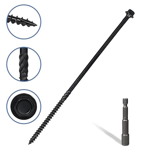 Lag Screws 10 Inch, #14 x 10 Structural Wood Screws, 50Pcs Heavy Duty Construction Screws, Long Deck Timber Screws, Hex Washer Head, Black Rust Resistant Coated, Hex Socket Included - size: #14 x 10