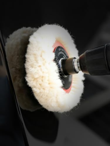 SPTA Wool Polishing Pad, 5Pcs 3"(75mm) 100% Natural Wool Buffing Pad with 1Pc Hook&Loop Backing Pad, 1Pc Extension Shank for Drill Polisher Cutting, Car Body Repair Buffing