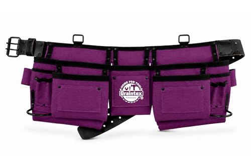 Graintex 11 Pocket Professional Tool Belt/Tool Bag, Ripstop Canvas Double Layered, Leather Trims, 2” Leather/Webbing Belt, 2 Hammer Holders for Construction, Framers, Carpenters - Purple - color: Purple
