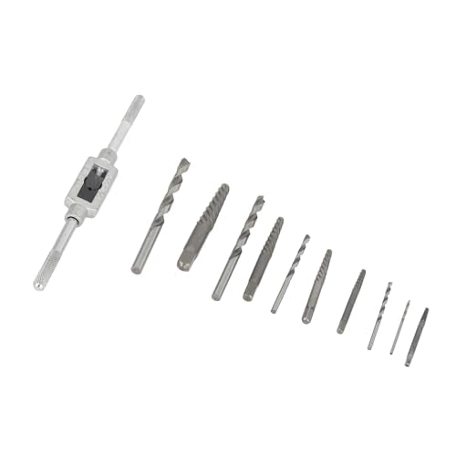 11pcs Broken Screw Extractor Set, Drill Bits and Left Handed Spiral Flute Tools for Removing Damaged Rusted Stripped Screws Bolts Fasteners, with Tap Handle for Easy Use