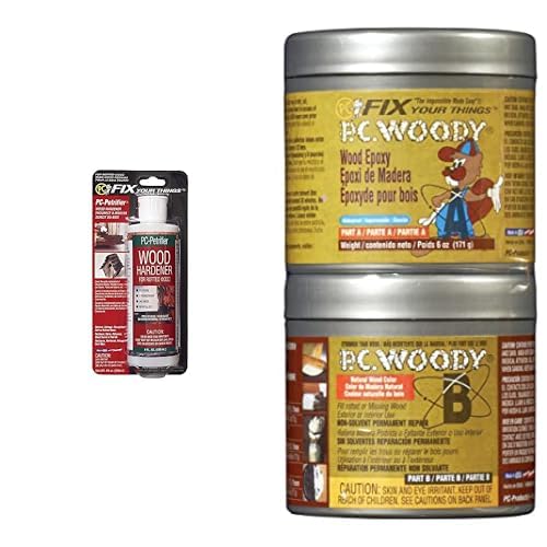PC Products Wood Repair Bundle, PC-Petrifier Water-Based Wood Hardener, 8 oz, Milky White and PC-Woody Wood Repair Epoxy Paste, Two-Part 6 oz, Tan