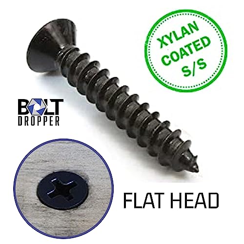 Bolt Dropper #8 x 1 Inch Wood Screws, Pack of 100 - Black Xylan Coated Stainless Steel Flat Head Phillips Screw - Corrosion Resistant for Wood, Drywall Applications, and Outdoor Use - size: #8 x 1"