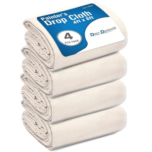 DIRT DEFENSE 4x6 Pack of 4 Drop Cloth Cotton Tarp Large Canvas Tarp for Art Supplies, Drop Cloths for Painting Supplies/Paint Canvas Fabric and Furniture Cover from Paint - size: 4ft x 6ft Pack of 4