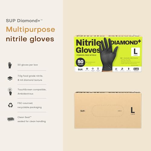 SUPER+ HEAVY DUTY Nitrile Gloves 8 Mil Diamond Texture Disposable Chemical Resistant Powder &Latex Free Food Safe Black 50 Ct - color: Large (Iron-grey)