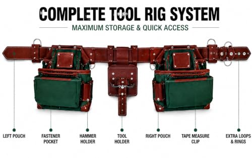 Carpenter Tool Belt with 21 Pocket Tool Pouches - color: Maroon, Green
