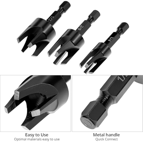 QWORK Tapered Plug Cutter Set, 3 Piece 1/4 3/8 1/2 Inch High Speed Steel Wood Plug Cutters for Drill Press Quick Change Chuck Clean Precise Woodworking Hole Cutting Tools