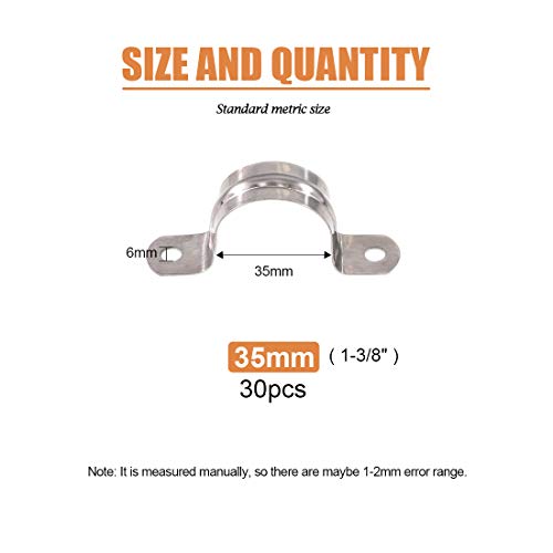Keadic 30Pcs M35 Two Hole Strap U Bracket Tube Strap Tension Clips Stainless Steel Heavy Duty Rigid Pipe Strap Clamp, for Pipe Fixing on Various Surfaces and Support Structures - size: 1-3/8"-30pcs