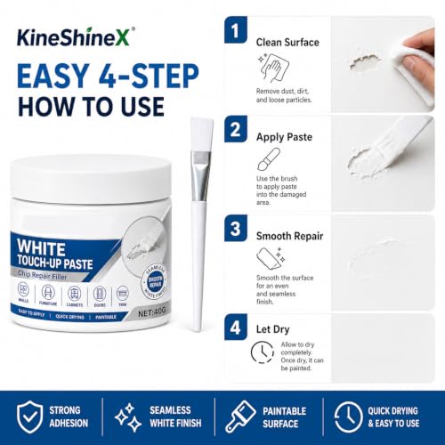 White Furniture Touch-Up Paste with Brush, Professional Wood Filler & Wall Repair Cream for Scratches, for Furniture and Floor, Works on Tables, Cabinets & Wooden Floors