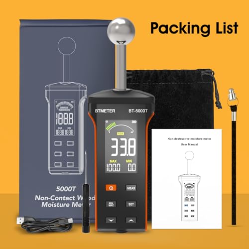 BTMETER Wood Moisture Meter - Pinless Moisture Detector Measur Depth 20-40mm Non-Destructive Moisture Tester with Masonry Spherical Sensor Sound Alarm LCD Display for Firewood Walls Flooring Concrete