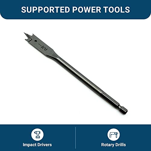 Benchmark Abrasives 1/2" x 6" Spade Drill Bit with Quick-Change Hex Shank Hole Cutter for Woodworking, Drilling, High-Speed Steel Paddle Flat Bits (1/2" x 6") - size: 1/2" x 6"