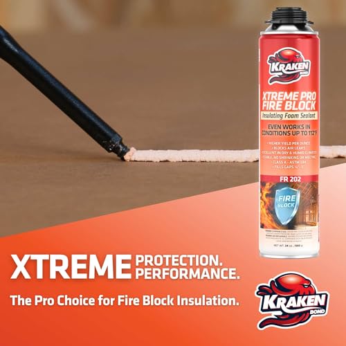 Kraken Bond Xtreme Pro Fire Block Expanding Foam Sealant (12x24oz), Professional Polyurethane Insulating Foam with Fire Block Technology, High Heat Resistant and Waterproof, Gun Included – 12 Pack - size: 12 Pack