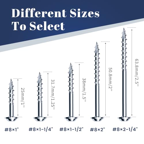 Mellewell #8 x 1-1/4" Zinc Coated Pocket Hole Screws, Square Drive Self Tapping Wood Screws, Coarse Thread Anti-Rust Coated Wood Screw, 65MM 150MM Drive Bits Included, Carbon Steel, 300 PCS - color: Silver, size: #8 x 1-1/4"