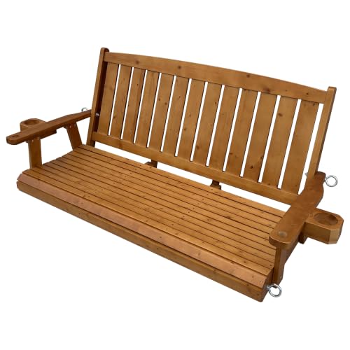 Wooden Porch Swing 3-Seater, Bench Swing with Cupholders (Brown, 5 FT Extra Large)
