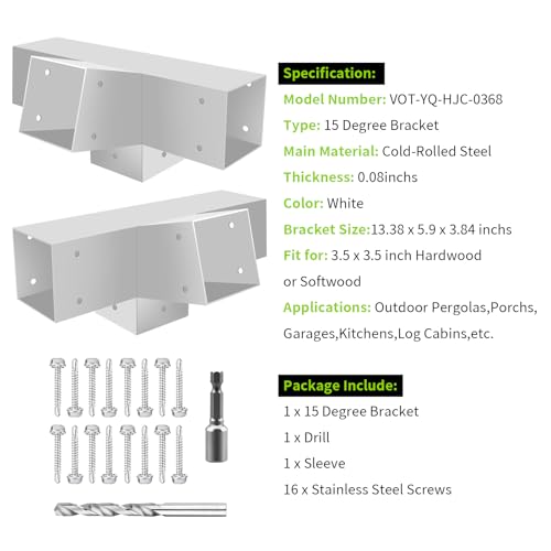 15 Degree Pergola bracket kit 4x4,4-Way Right Angle Corner Bracket Woodworks Pergola kit For Wood Beam (Actual: 3.5"x3.5'') Outdoor Gazebos,Patio Pergolas,Log Cabins With Screws(White,1Pack)