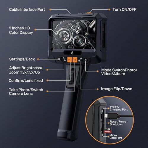 Articulating Industrial Borescope with Light, 360° Endoscope Inspection Camera with Articulated Probe, 1280P Flexible Mechanic Fiber Optic Snake Scope Cam for Wall Automotive Engine Inspect-5FT