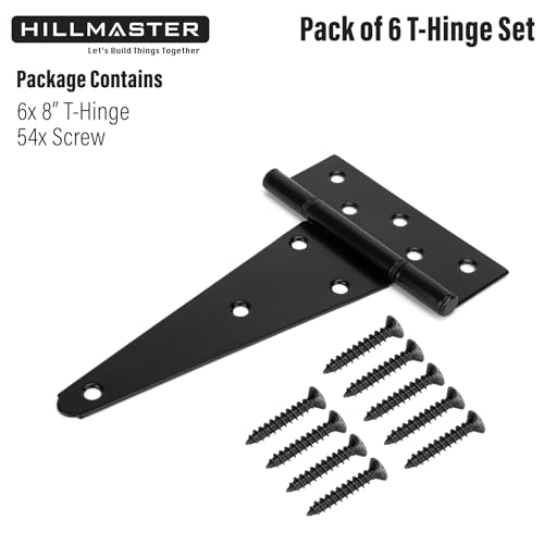 HILLMASTER 8 Inch T-Strap Heavy Duty Shed Door Hinges Gate Strap Hinges Black Tee Hinge Wrought Hardware for Wooden Fences,Yard,Barn Door,Rustproof (6 Pack) - size: 8in 6Pack