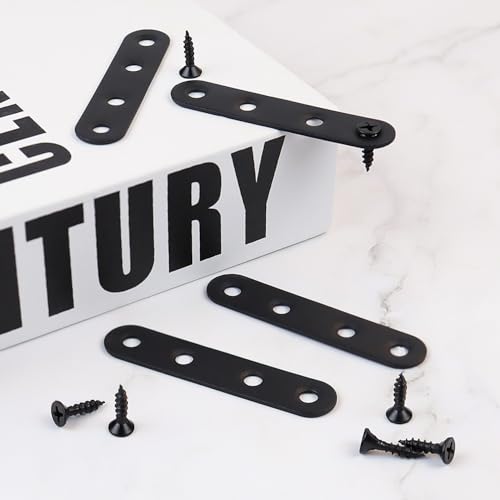 12 Pcs Flat Straight Brace Flat Straight Bracket Stainless Steel Flat Plate Straight Brackets Metal Mending Joining Plates for Wood Furniture Repair Fixing Bracket Connector with Screws (Black)