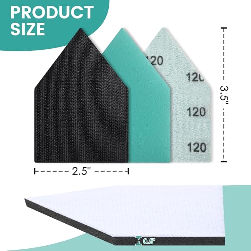 80PCS Detail Sander Sandpaper and 2 Sanding Interface Pads Compatible with M12 Sanders, 80, 120, 150, 180, 240 Grit, 3.5 X 2.5in, Heavy Duty Hook & Loop Triangle Detail Sanding Paper
