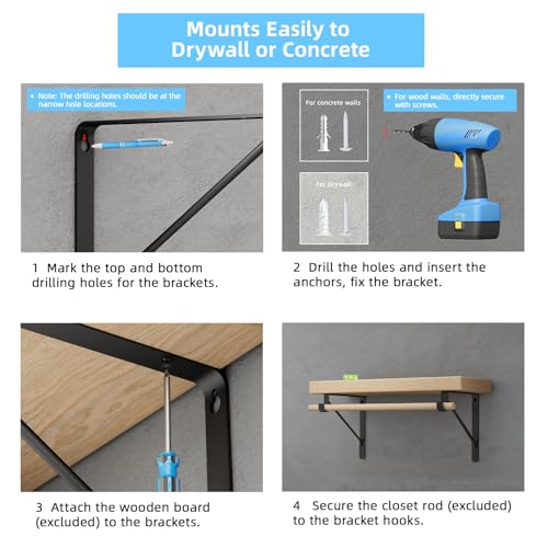10-Pack Closet Rod Bracket, 10.8x10.8Inch Closet Shelf Brackets Heavy Duty Wall Mounted, Matte Black Steel Closet Rod Support Brackets Holder, 300 Lbs Load Capacity with Anchors Screws - color: 10Pack-Black