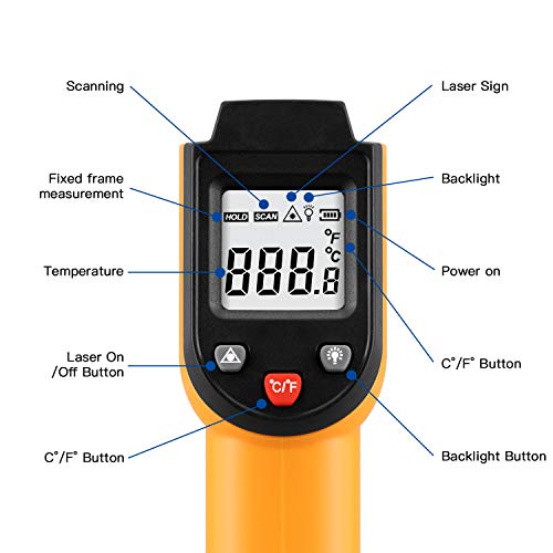 Laser Infrared Thermometer Non-Contact Digital Temperature Gun,-50°C to 400°C(-58°F to 752°F) IR Thermometer for Industrial,Kitchen Cooking,Ovens (Orange)