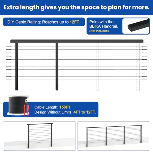 BLIKA 4-12FT Side Mount Cable Railing Post Kits 36 Inch,Black Space-Saving - color: Side Mount Level Kit (8–16FT, 150FT Cable)
