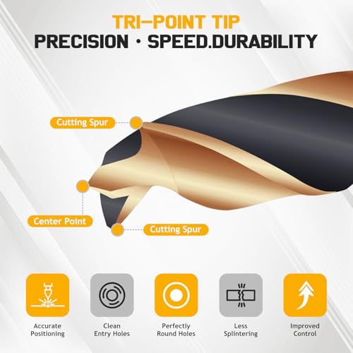25Pcs Brad Point Drill Bit Set, Titanium Coated HSS Full Ground Wood Drill Bits for Hardwood & Softwood, 1-13mm (0.5mm Step) with Storage Case