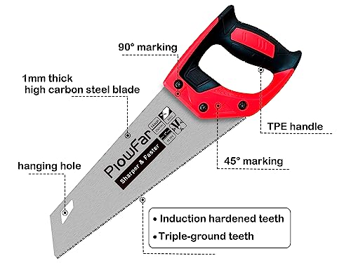 14 inch Hand Saw 11TPI Pro Fine Cut for Wood, Plastic Pipes, Drywall, Trees Trimming & Pruning, Sharp for Woodworking, Red