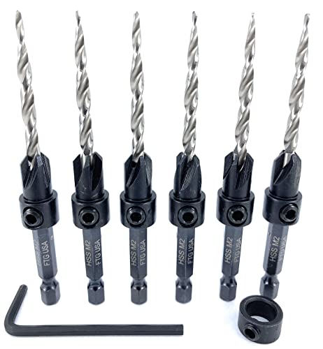 FTG USA 6 Pc #8 (11/64") Tapered Countersink Drill Bit Set with 1 Stop - size: #8, style: Same Sort 6 Pc