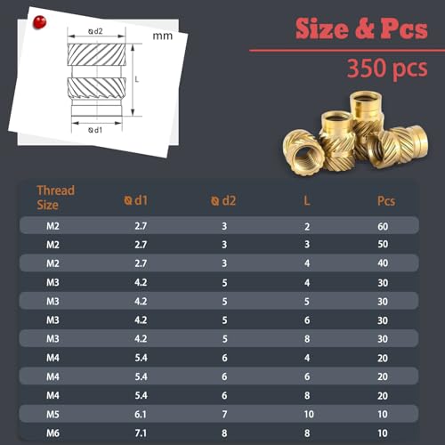 350Pcs Threaded Inserts, M2-M6 Heat Set Inserts for 3D Printing - size: M2-M6 Set(350pcs)