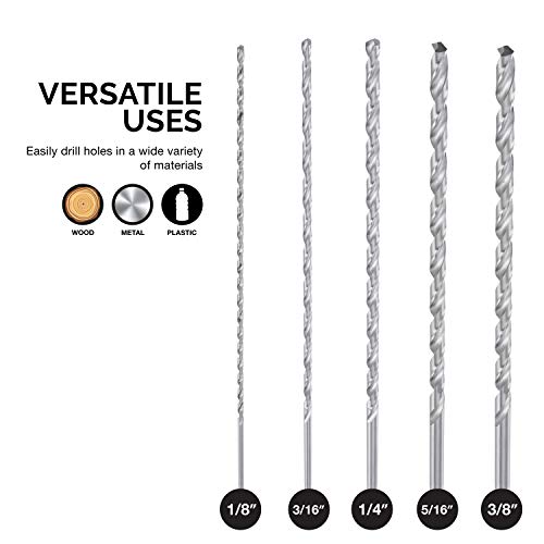 NEIKO 10047A Extra Long Drill Bit Set | 5-Piece | M2 HSS Steel | 12-Inch Length | 1/8, 3/16, 1/4, 5/16, and 3/8-Inch - size: 5 Piece, style: Extra Long