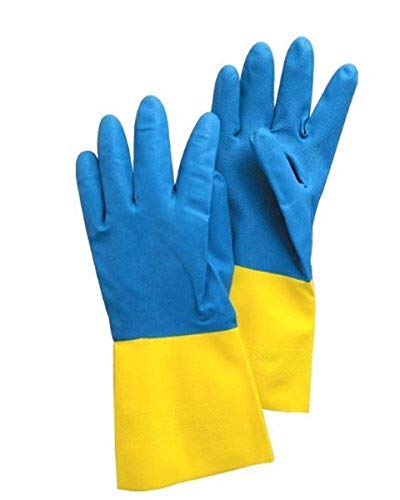 Liberty 2570SP Neoprene/Latex Liquid Proof Unsupported Glove with Flock Lined, Chemical Resistant, 28 mil Thickness, 13" Length, Small, Blue/Yellow (Pack of 12) - size: Small (Pack of 12)