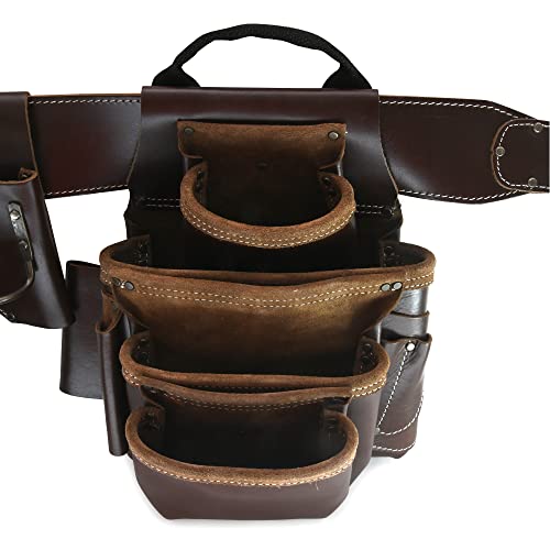 Style n Craft 4-Piece and 19-Pocket Pro Framer’s Combo, Tool Belt with 2 Tool Pouches and 1 Pliers and Hammer Holder, Full-Grain Leather Carpenter Tool Belt for Left-Handed People, Dark Tan (98544L) - style: Left Handed 4 Piece 19 Pocket