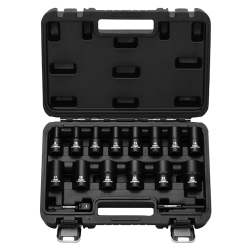 CASOMAN 16PCS 1/2" Drive Impact Bolt and Nut Extractor Socket Set, Stripped Lug Nut Remover Include Hex Shank Adapter & Pin Bar, for Removing Damaged Rusted Broken Rounded Fasteners off, CR-MO, Metric - size: 16-Piece