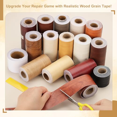 Wood Grain Repair Tape 4" x33', Self Adhesive Realistic Textured Repair Patch Peel and Stick Wood Tape with Scraper for Floor Door Window Furniture Table Red Brown