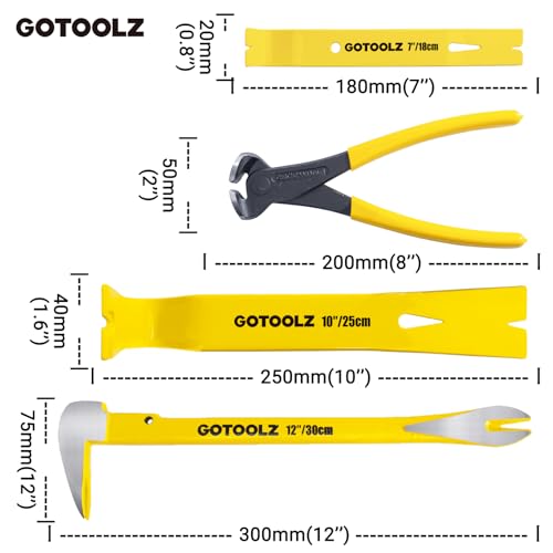 4-Piece Pry Bar Set, 12-Inch Utility Claw Pry Bar, 10-Inch & 7.5-Inch Flat Pry Bars Crowbar Claw, 8-Inch End Cutting Pliers, Nail Remover Tool for Baseboard, Floor, Nails Removal (Yellow 2026)