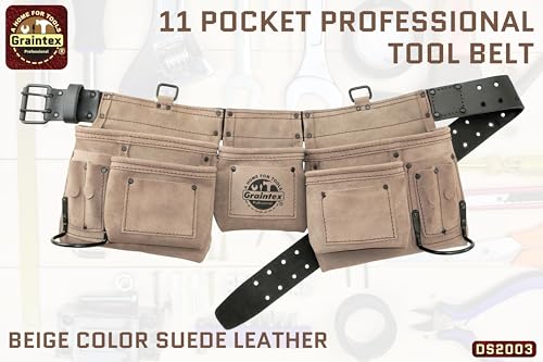 Graintex 11 Pocket Professional Suede Leather Tool Belt, Tool Bag Beige Color, 2” Leather/Webbing Belt, 2 Hammer Holders for Construction, Carpenter, Roofing, Drywallers, DIYers - color: Beige