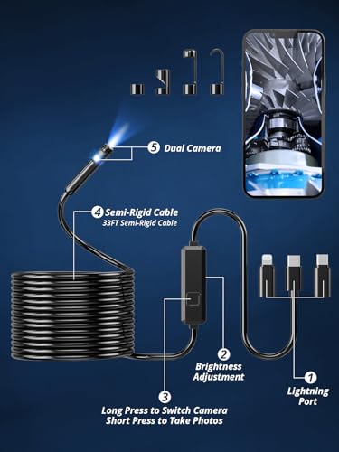 Acoath Endoscope Camera with Light, Dual-Lens 1920P HD Borescope with 8 Adjustable LED Lights, IP67 Waterproof Boroscope Inspection Tools, 33ft Semi-Rigid Snake Camera for iOS & Android - size: 33FT Snake Camera