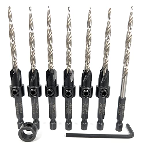FTG USA 6Pc #10(3/16") Countersink Drill Bits and 1 Replacement Tapered Bit - size: #10 (3/16"), style: 6 Bits w/cutter + 1 Bit w/o cutter