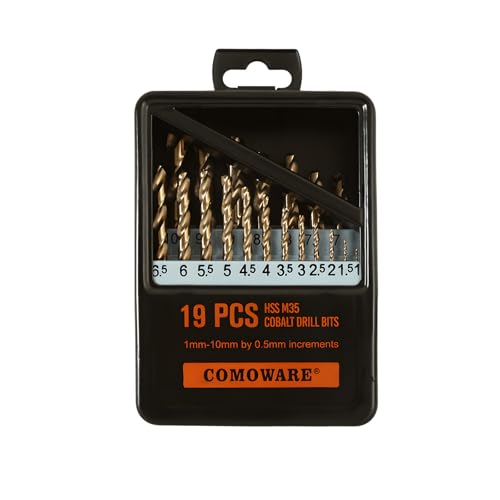COMOWARE Metal Drill Bit Set, 19 Pieces, HSS-E M35 1-10 mm Drill Bit Set, Spiral Drill Bit Set, Professional for Metal, Steel, Iron, Self-Centring for Metalworking Drill Accessories - size: M35 19PCS Metric