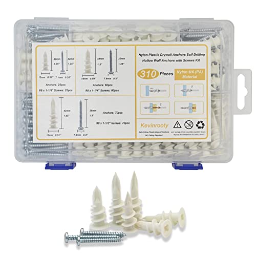 3 Sizes Self Drilling Drywall Anchors, 310PCS Nylon Plastic Wall Anchors and Screws for Drywall, No Pre Drill Hole Preparation Required,13x32mm,15x33mm,13x42mm - size: 3