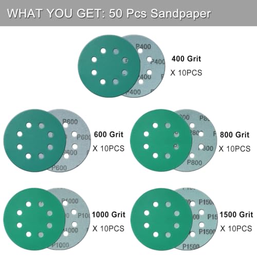 50Pcs 5 Inch 8-Hole Zirconia Sanding Discs, Polyester Film Sandpaper - size: 50Pcs 400-1500 Grit (Mixed)