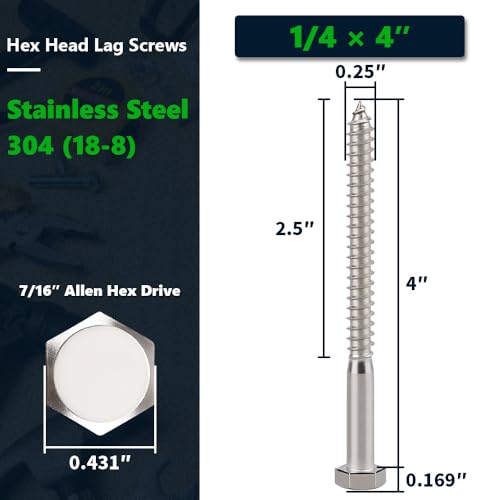12-Sets 1/4 x 4 Hex Head Lag Screws & Flat Washers, Heavy Duty Lag Wood Screws, 304 Stainless Steel (18-8), 1/4" Bolt - size: 1/4 x 4