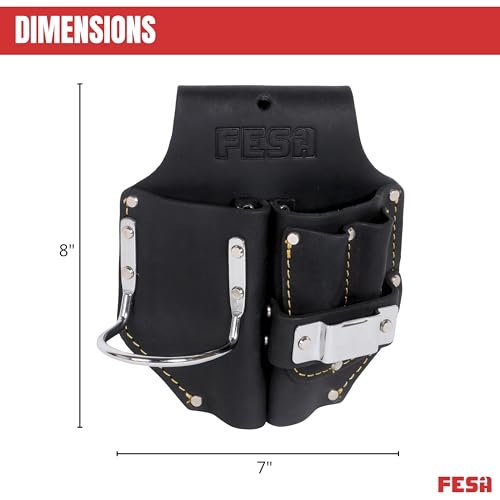 FESA Durable Leather Pliers Holster - Leather Double Plier Holder for Belt with Steel Hammer Holder, Tape Clip & 2 Carpenter's Pencil Pockets - Clip On Any Belt - Handcrafted - color: Black