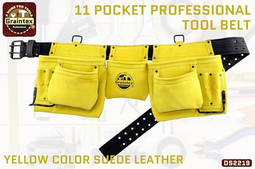 Graintex DS2219 11 Pocket Professional Suede Leather Tool Belt/Tool Bag Yellow Color, 2” Leather/Webbing Belt, 2 Hammer Holders for Construction Tools, Carpenter Tools, Roofing Tools, Drywall Tools - color: Yellow