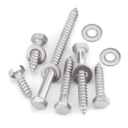 8-Sets 3/8 x 5 Hex Head Lag Screws & Flat Washers, Heavy Duty Lag Wood Screws, 304 Stainless Steel (18-8), 3/8" Bolt - size: 3/8 x 5
