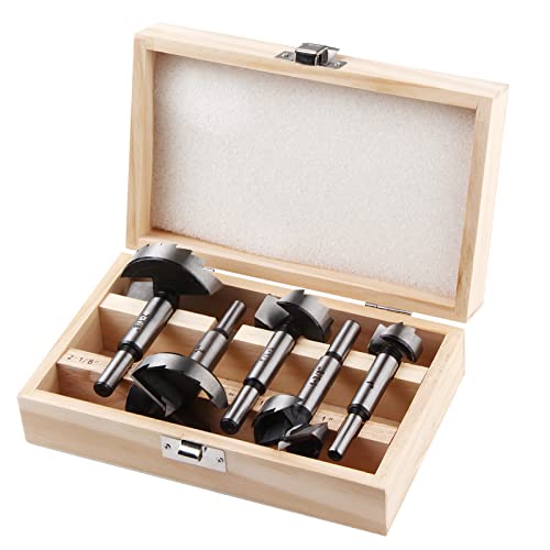 HPHOPE Forstner Bit Set 5Pcs - Forstner Bits for Wood, Wood Drilling with Round Shank, Drill Accessories, Size 1", 1-3/8", 1-1/2", 2", 2-1/8" with Storage Case - size: 5 Pcs Set