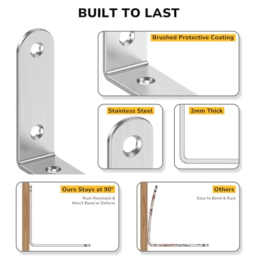 40 Pcs 2 Inch L Bracket Stainless Steel Corner Braces, 90 Degree Right Small Angle Shelf Bracket with Screws for Wood Furniture, Chairs, 50mm x 50mm, Silver
