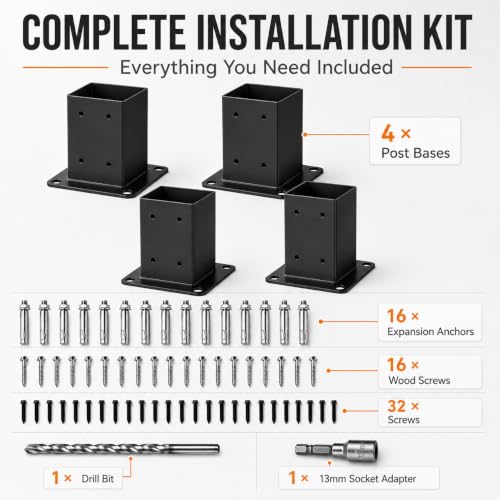 (4PCS) 4x4 Post Base, 3.6"x3.6" Inner Size Post Anchor, 13GA Heavy Duty Steel & Black Powder Coated, Deck Post Bracket for Fence, Pergola, Mailbox, Deck Railing – with Screws & Concrete Anchors